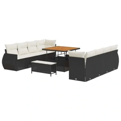 Afbeelding van vidaXL 11 delige tuinset met kussens in zwart poly rattan en acacia