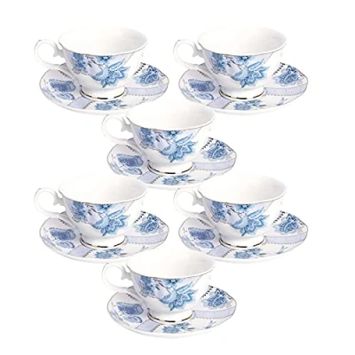 Afbeelding van fanquare Set van 6 bloemenkoffiekopjes (150 ml), cappuccinokopjes porselein met schoteltjes, theekop voor verjaardag, bruiloft en feest, blauw
