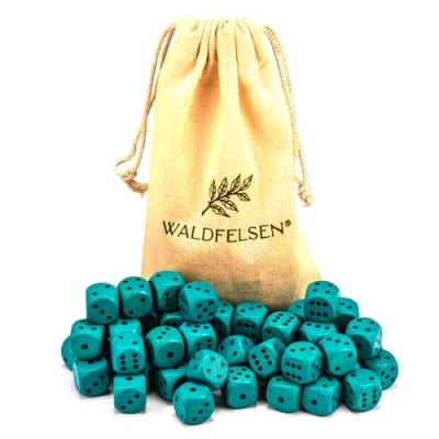 Afbeelding van Waldfelsen 6, 12, 20, 30 of 50 hoogwaardige houten kubussen van echt beukenhout, 16 mm standaard dobbelstenen met stoffen zak, kubusset (turquoise, stuks)