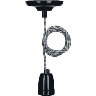Afbeelding van Bailey hanglamp york e27 porselein zwart met 1 5m textielsnoer wit 2x0 75mm2 en plafondkap clii max 60w 141474