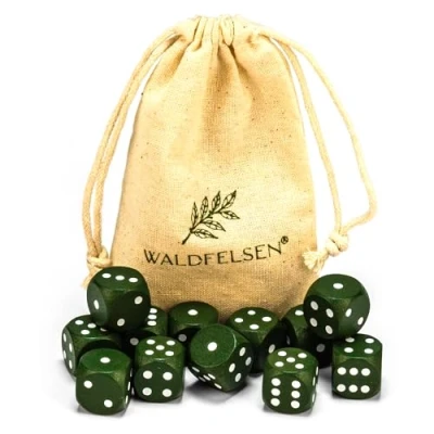 Afbeelding van Waldfelsen 6, 12, 20, 30 of 50 hoogwaardige houten kubussen van echt beukenhout, 16 mm standaard dobbelstenen met stoffen zak, kubusset (mosgroen, 12 stuks)