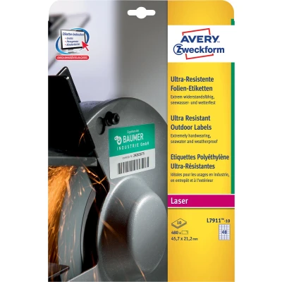 Afbeelding van Avery L7911 10 weerbestendige etiketten ft 45,7 x 21,2 mm (b h), 480 etiketten, wit etiket
