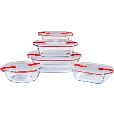 Afbeelding van Pyrex Cook &amp; Heat Voedelcontainer Rechthoek met Deksel 5 Delig Transparant Borosilicaatglas