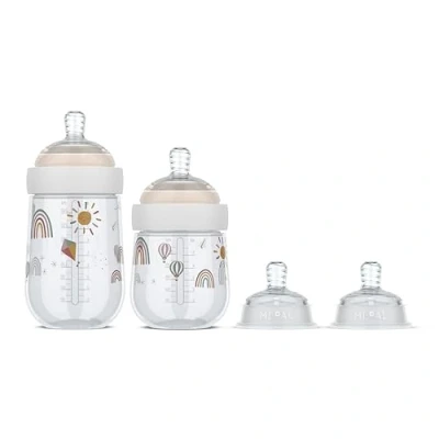 Afbeelding van Mepal Mio starterset babyflessen 3 delig 165 + 240 ml Anti koliek Spiraalontwerp voorkomt verstopping Soliconen van medische kwaliteit Sunshine &amp; Rainbow
