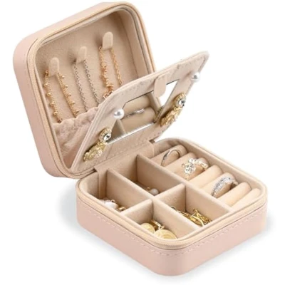 Afbeelding van Reis Sieradendoos voor Vrouwen, Kleine Sieraden Organizer met Spiegel, Mini Draagbare Sieradendoosje, PU Leren Juwelendoos Ringen, Oorbellen, Kettingen (Roze)