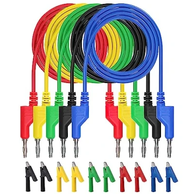 Afbeelding van VOSSOT 5 stuks multimeter meetkabels, 4 mm, kleuren banaanstekkers, meetleidingen set met 10 krokodillenklemmen, geïsoleerde meetkabel, dubbele klemmen, multimeter, spanningstester,