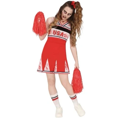 Afbeelding van FIESTAS GUIRCA Go USA Zombie cheerleaderkostuum voor dames, middelbare schooluniform, big rood en wit, Halloween kostuum tienermaat, 14 16 jaar