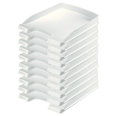 Afbeelding van Leitz Brievenbak plat A4, verpakking van 10 stuks, ideaal voor het opbergen en organiseren A4 documenten, stapelbaar, wit, Plus serie, 52370001