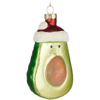 Afbeelding van BRUBAKER Kerstavocado handbeschilderde glazen kerstbal 11 cm boombal Vrolijke avocado met kerstmuts mondgeblazen kerstboomversiering figuur grappige decoratieve hanger
