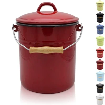 Afbeelding van KRÜGER Vuilnisemmer met deksel, stalen afvalemmer emaille coating en houten handvat, snij krasbestendig oppervlak, duurzaam veelzijdig inzetbaar (5 liter, rood)