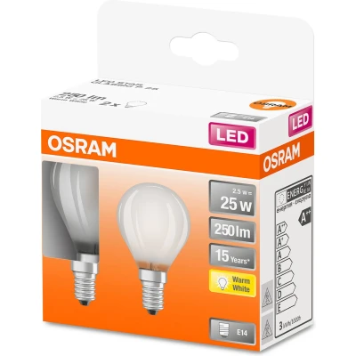 Afbeelding van OSRAM LED Lampen, klassische Miniballform, 25 Watts Ersatz, E14, P shape, 2700 Kelvin, Warm weiß, Klares Glas, 2 er Pack