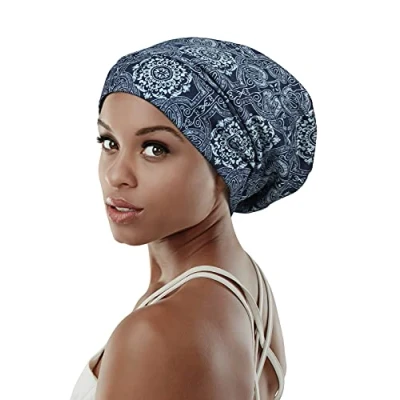 Afbeelding van FocusCare Verstelbare slaapmuts, met satijn gevoerd extra groot krullend haar voor dames, dag en nacht verkrijgbaar., Donkerblauw, One size