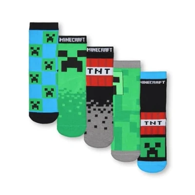 Afbeelding van Minecraft Set van 5 kindersokken halve sokken met Creeper en TNT alloverprint in zwart, groen blauw pack gamersokken, Meerkleurig, 31 36