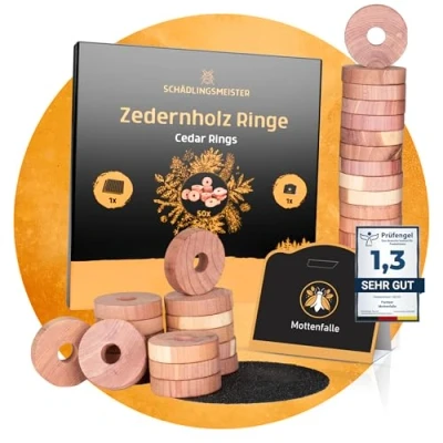 Afbeelding van Panteer SCHÄDLINGSMEISTER Cederhouten ringen 50 stuks + 1 mottenval kledingmotten cederhout mottenbescherming voor kledingkast kledingmottenval tegen motten bestrijden (1 set)