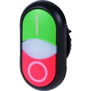 Afbeelding van Eaton rmq titan m22 frontelement dubbele drukknop 2 x pulsdrukknop groen i vlak rood 0 hoog lens transparant front zwart 284831