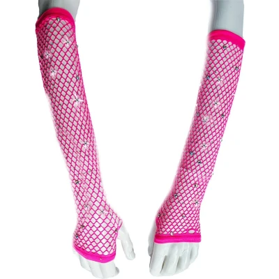 Afbeelding van BamBella® Vingerloos Net handschoenen steentjes One Size Roze Visnet Feest Gothic Carnaval Merk: BamBella