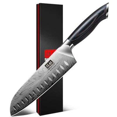 Afbeelding van SHAN ZU Keukenmes in Poederstaal, Professioneel Santoku Mes 20cm Hoog Carbon Japans Mes, Ultra Scherp Keukenmessen Gebruiksmes met Ergonomisch Pakkahouten Handvat