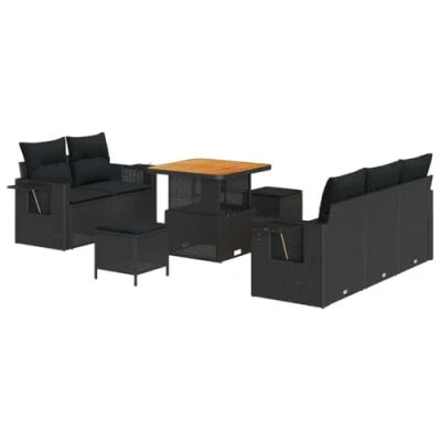 Afbeelding van vidaXL 8 delige tuinsofa set met kussens zwart polyester rattan en acaciahout