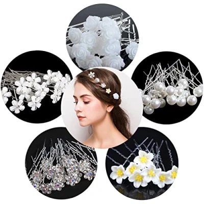 Afbeelding van YUTOU 30 stuks haarspelden, haaraccessoires voor bruiloft, U vormige haarspeld met strass, bruidsparels haaraccessoires, bruiloft bruid haarsieraden, parels bloemen strass