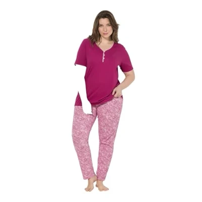 Afbeelding van Ulla Popken Dames grote maten plus size pyjama, sierrand, kanten print, halve mouwen, fuchsia, 50/52