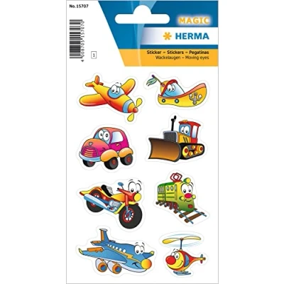 Afbeelding van HERMA 15707 stickers voertuigen auto klein, 8 stuks, wiebelogen met grappige schip vliegtuig motorfiets trein helikopter motief, kinderetiketten voor fotoalbum scrapbooking verjaardag