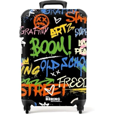 Afbeelding van NoBoringSuitcases.com® Handbagage koffer lichtgewicht Reiskoffer trolley Abstract graffiti kunstwerk met tekst en spetters Rolkoffer wieltjes Past binnen 55x40x20 55x35x25