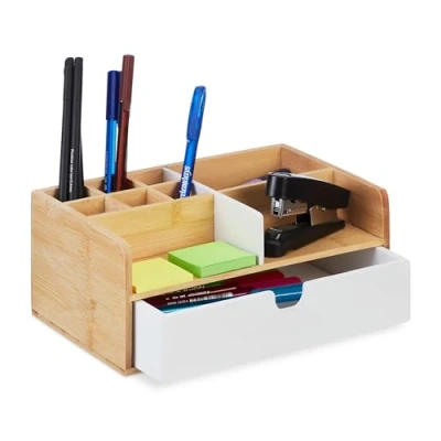 Afbeelding van Relaxdays bureau organizer met lade bamboe pennenbak 9 vakken make up hout