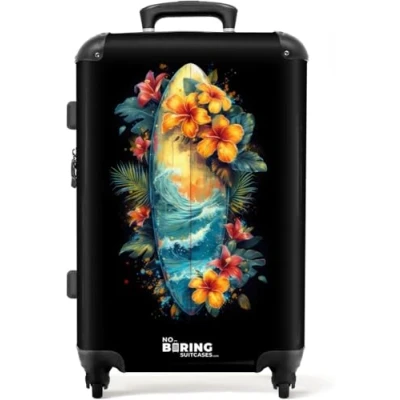 Afbeelding van NoBoringSuitcases.com® Koffer groot Rolkoffer lichtgewicht Surfplank omringd door bloemen Reiskoffer met 4 wielen Grote trolley XL 20 kg bagage