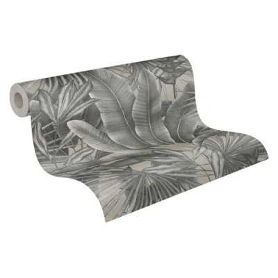 Afbeelding van Livingwalls jungle behang 396473 in grijs, beige wandbehang met look bloemenbehang palmbladeren hoogwaardig op 10,05 m x 0,53