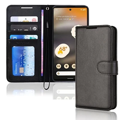 Afbeelding van TECHGEAR Pixel 6a Lederen portemonneehoesje, flip beschermhoes met portemonnee kaarthouder, standaard en polsband zwart PU leer magnetische sluiting ontworpen voor Google