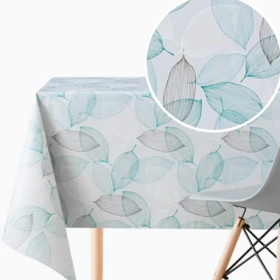 Afbeelding van KP HOME PVC afwasbaar tafelkleed rechthoekig 200 x 140 cm 78 55 inch tot 6 zitplaatsen waterdicht vinyl tafelzeil, plastic met grijze en groenblauwe bladeren