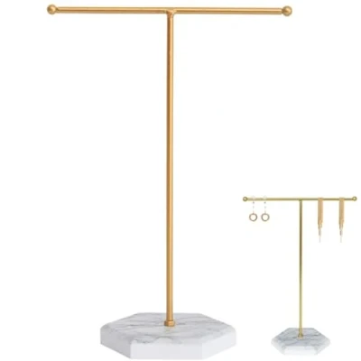 Afbeelding van JJiaoLinin Sieradenorganisator, hangende sieradenorganizer, metalen T Bar ketting displaystandaard met marmeren patroonlade, geschikt voor kettingen, armbanden, oorbellen, ringen, horloges, enz.