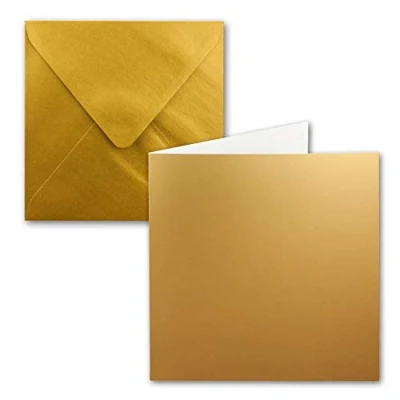 Afbeelding van Set van 50 vierkante vouwkaarten, 15 x cm, met enveloppen, goud metallic, natte plakrand, voor wenskaarten, uitnodigingen en meer