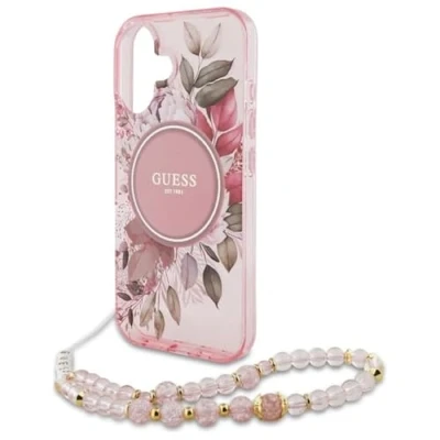 Afbeelding van Guess Hoesje Geschikt voor iPhone 16 Met Koord MagSafe IML Case Flowers with beads strap roze