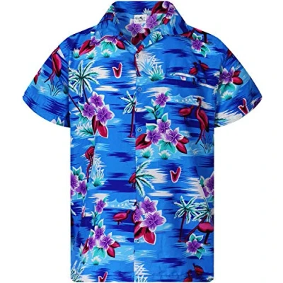 Afbeelding van Funky Hawaiiaans Overhemd, Hawaii Korte Mouw, Flamingos OLD, Blauw, XXL