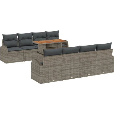 Afbeelding van vidaXL 9 delige tuin eetset met kussens grijs poly rattan acacia