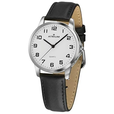 Afbeelding van ATRIUM Horloge Heren Zilver Analoog Leer Zwart Lederen Bandje Verstelbaar Duidelijk Quartz uurwerk Edelstalen sluiting A36 10