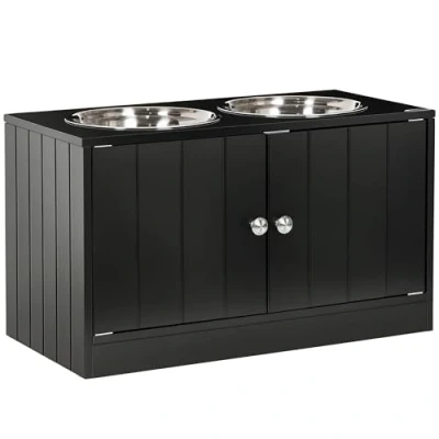 Afbeelding van PawHut Verhoogde hondenbak, voederbak met opbergruimte, waterbak, 2 x 2000 ml, roestvrijstalen bakken, voor grote honden en katten, zwart