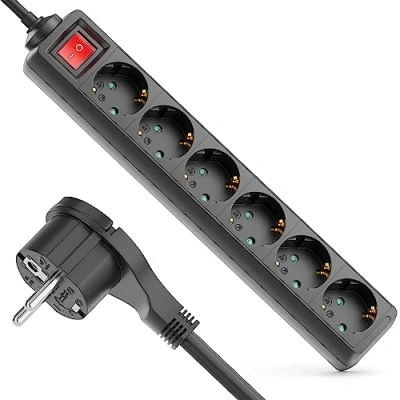 Afbeelding van deleyCON Verlengdozen 6 voudige Stekkerdoos met Platte Stekker &amp; aan/uit Schakelaar Multi voor Binnengebruik 3,0 m Kabel Plat Contactstop Robuuste Kunststof Behuizing Zwart
