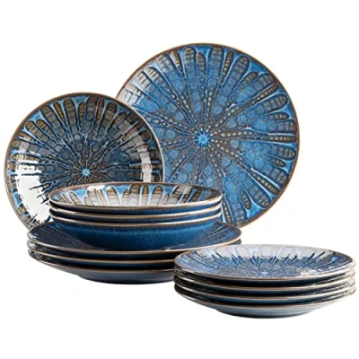 Afbeelding van MÄSER 935074 Aquamarine, spannend gelazuurde bordenset voor 4 personen met platte borden, soepborden en dessertborden, 12 delig tafelservies van hoogwaardig keramiek, aardewerk, blauw