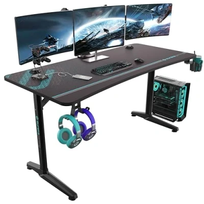 Afbeelding van EUREKA ERGONOMIC Gamingtafel, 152 x 70 cm, gamingbureau, grote computertafel, ergonomische pc tafel, gamer met hoofdtelefoonhaak, bekerhouder voor thuiskantoor