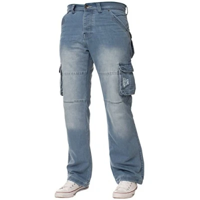 Afbeelding van ENZO Heren Designer Cargo Combat Jeans Denim Broek Alle Taille Maten, Licht steenwassing, 32W / 32L