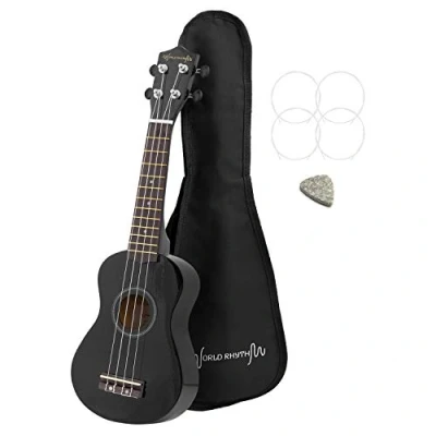 Afbeelding van World Rhythm Soprano Ukulele Premium beginner Uke in zwarte afwerking met Gig Bag, Spare snaren &amp; viltpluk uitgerust Aquila