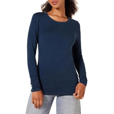 Afbeelding van Amazon Essentials Women&#039;s T shirt met lange mouwen en ronde hals in klassieke pasvorm (verkrijgbaar grote maten), Marineblauw, S