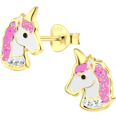 Afbeelding van JoyS Zilveren eenhoorn oorbellen 8 x 11 mm unicorn oorknoppen 14k goudplating