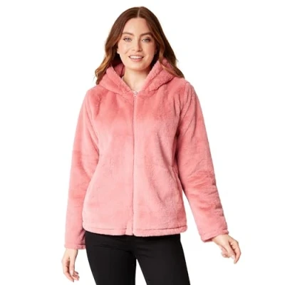 Afbeelding van CityComfort Damesmantel pluizige jas met capuchon ritssluiting voor dames en tieners maten S XL, knusse stijlvolle winterjas van imitatiebont cadeaus haar, Dusky Roze, XL