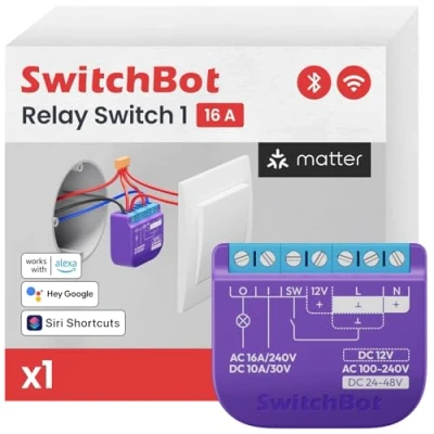 Afbeelding van SwitchBot Smart Relais Schakelaar 1, Wi Fi &amp; Bluetooth werkt met Alexa/Apple HomeKit/Google Home/Matter, 2,4 GHz, Home Automation,16A