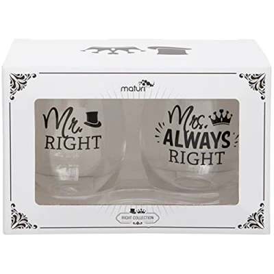 Afbeelding van Maturi Set van twee Mr Right en Mrs Always Stemless wijnglazen
