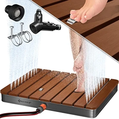 Afbeelding van KESSER® Tuindouche, vloerdouche, buitendouche, saunadouche, campingdouche, Ø 70 cm, rond, fonteinhoogte tot 4 m instelbaar, met voetwiel, aluminium/WPC, antislip, weerbestendig