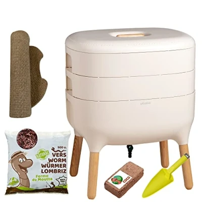 Afbeelding van Moutta Urbalive 2 bakjes Ivoor, Complete Kit I Wormenbak Design 250gr Compostwormen Startersubstraat Hennepmat + Schep Binnen, balkon en tuin